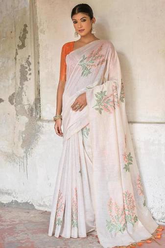 White-orange color muga cotton weaving zari border sarees