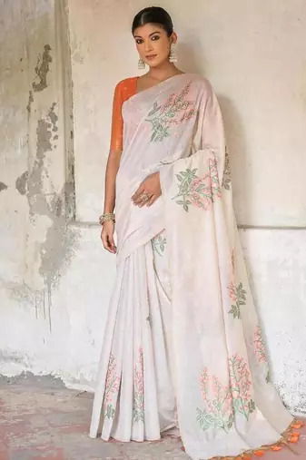 White-orange color muga cotton weaving zari border sarees