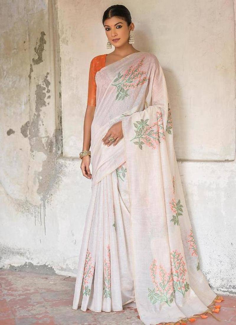 White-orange color muga cotton weaving zari border sarees
