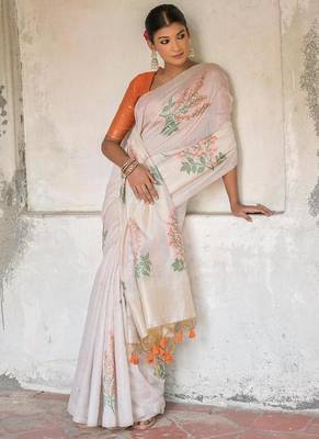 white orange cotton saree with zari patta floral woven pattern 3