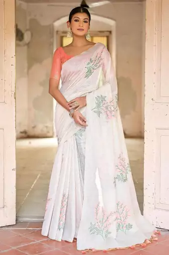 White-peach color muga cotton weaving zari border sarees
