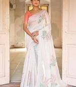 white peach cotton saree with zari patta floral woven pattern