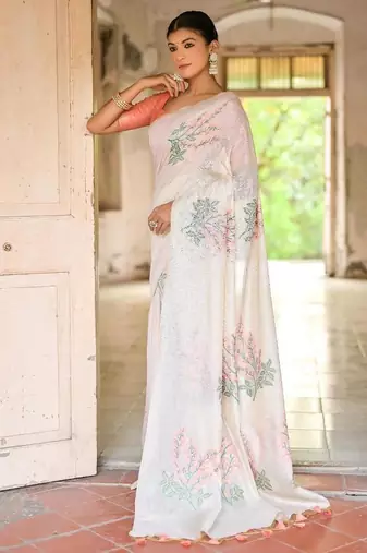 white peach cotton saree with zari patta floral woven pattern
