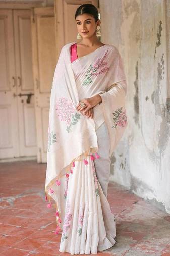 White-pink color muga cotton weaving zari border sarees