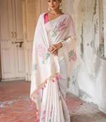 White-pink color muga cotton weaving zari border sarees