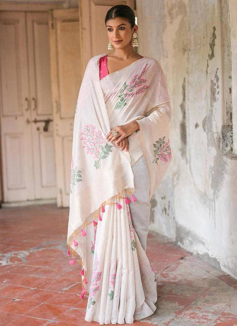 White-pink color muga cotton weaving zari border sarees