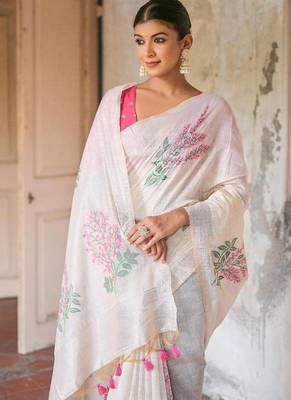 white pink cotton saree with woven floral zari border design 2