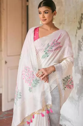 white pink cotton saree with woven floral zari border design