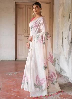 white pink cotton saree with woven floral zari border design 3