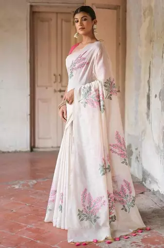 white pink cotton saree with woven floral zari border design