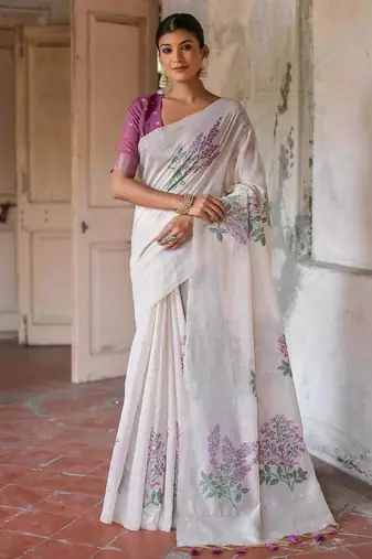 White-wine color muga cotton weaving zari border sarees