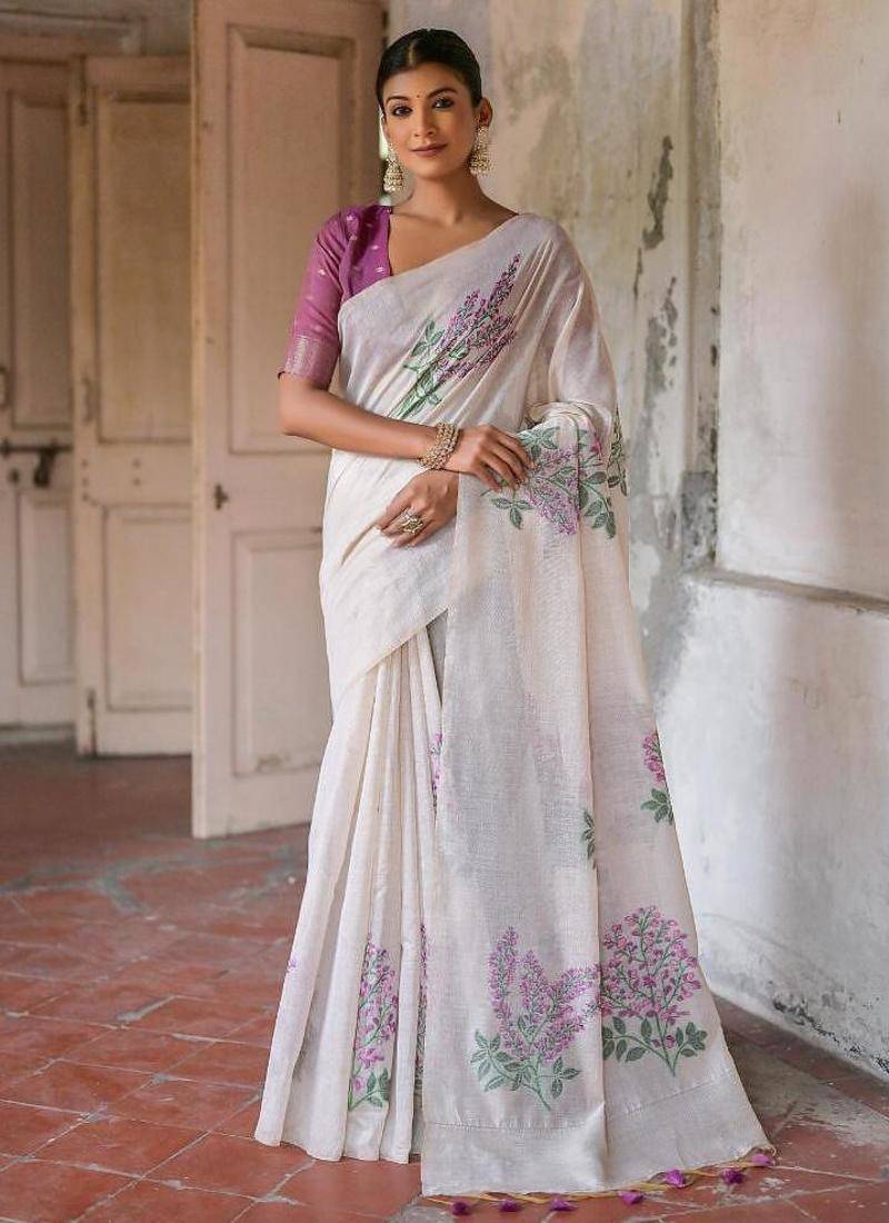 White-wine color muga cotton weaving zari border sarees