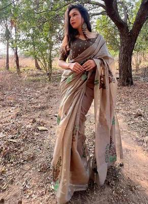 brown silk saree with woven floral zari patta patterns 1