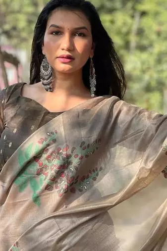 brown silk saree with woven floral zari patta patterns