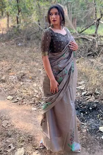 brown silk saree with woven floral zari patta patterns