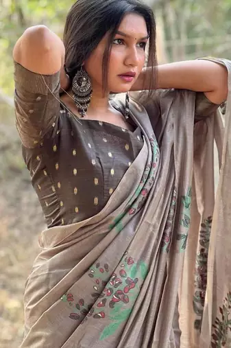 brown silk saree with woven floral zari patta patterns