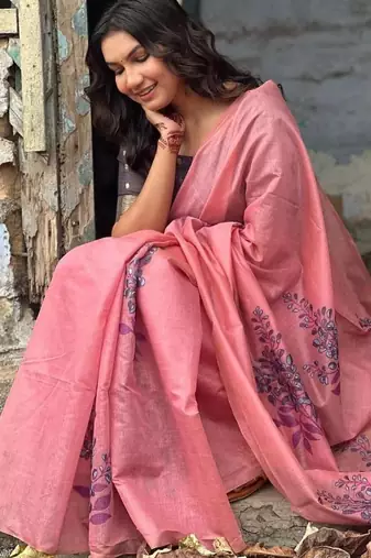 pink silk saree with woven floral zari patta patterns