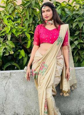 chiku silk saree with zari patta floral weaving 3