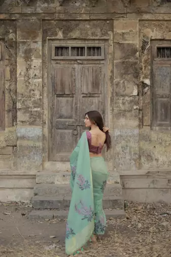sky blue silk saree with zari patta floral weaving