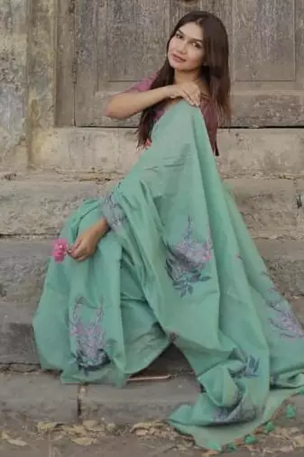 sky blue silk saree with zari patta floral weaving