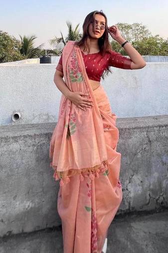 peach muga silk blend weaving zari patta sarees