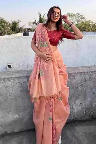 peach muga silk blend weaving zari patta sarees