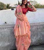 peach muga silk blend weaving zari patta sarees