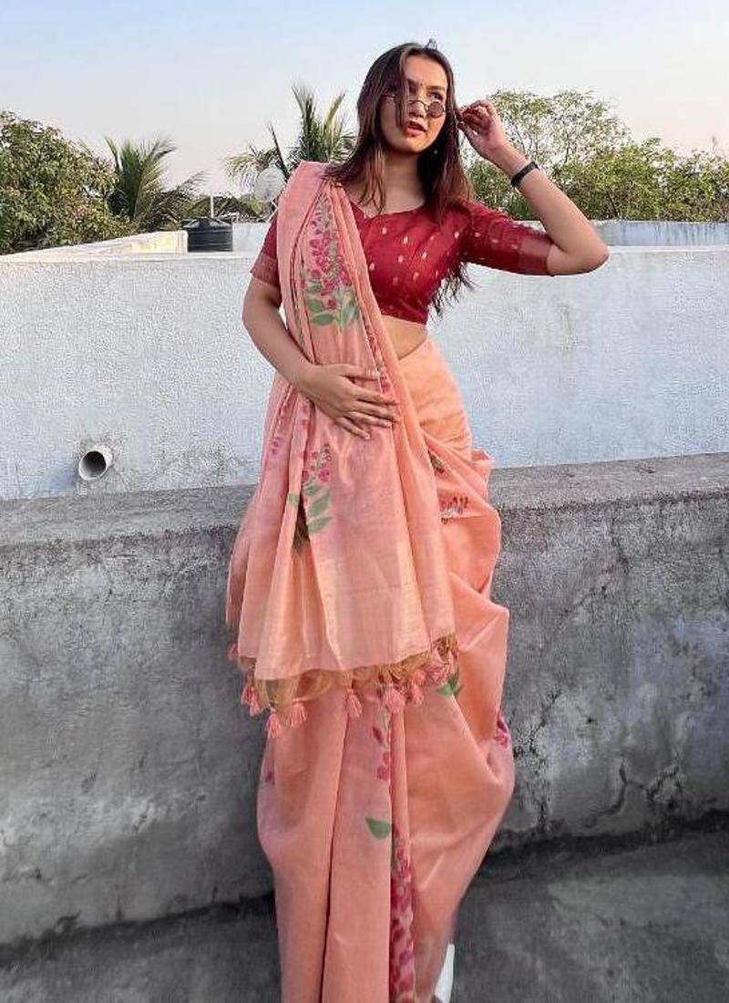 peach muga silk blend weaving zari patta sarees