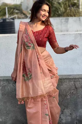 peach silk saree with zari patta floral woven design
