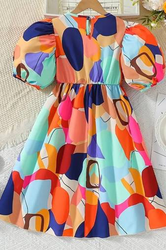 Multicolor abstract print cotton blend puff sleeve fit & flare kids dress