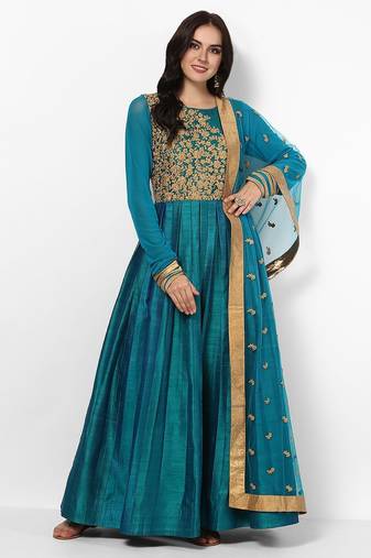 Turquoise blue dupion silk zari work & lace border anarkali salwar kameez