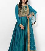 Turquoise blue dupion silk zari work & lace border anarkali salwar kameez