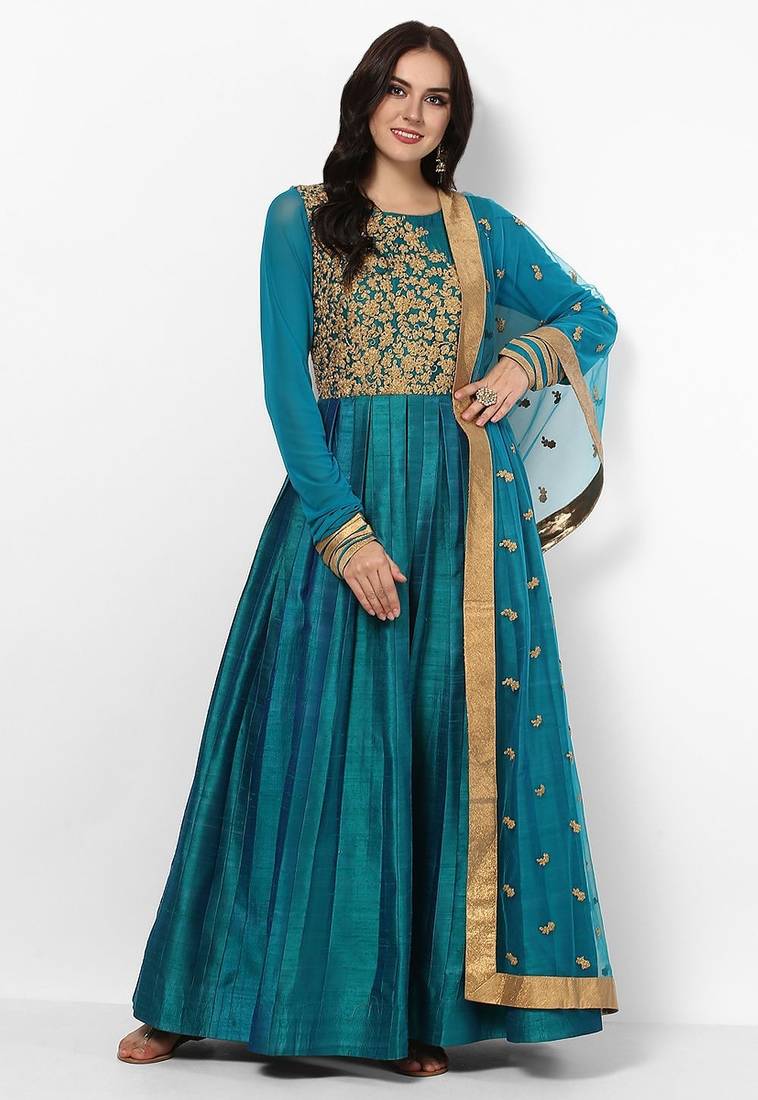 Turquoise blue dupion silk zari work & lace border anarkali salwar kameez