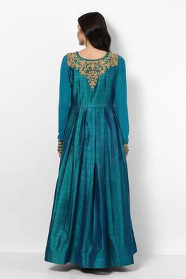 Turquoise blue dupion silk zari work & lace border anarkali salwar kameez 2