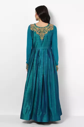 Turquoise blue dupion silk zari work & lace border anarkali salwar kameez