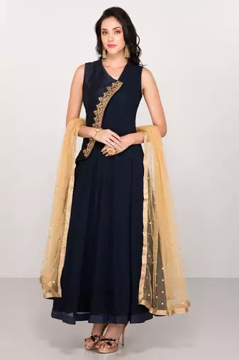 Navy blue georgette zari work & lace border anarkali salwar kameez