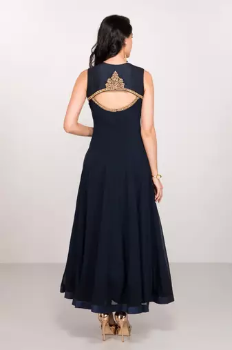 Navy blue georgette zari work & lace border anarkali salwar kameez