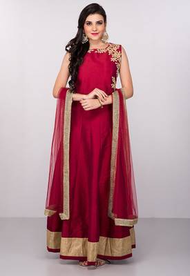 Deep pink silk zari work & lace border anarkali salwar kameez 1