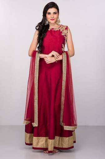 Deep pink silk zari work & lace border anarkali salwar kameez