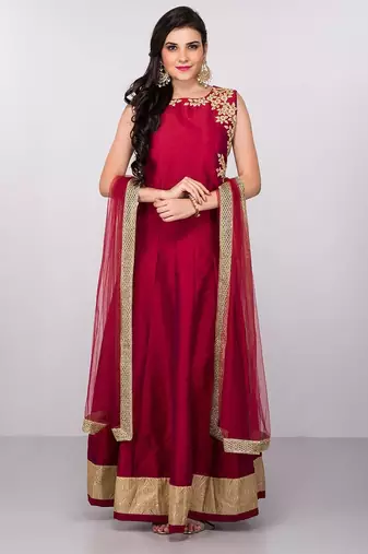 Deep pink silk zari work & lace border anarkali salwar kameez