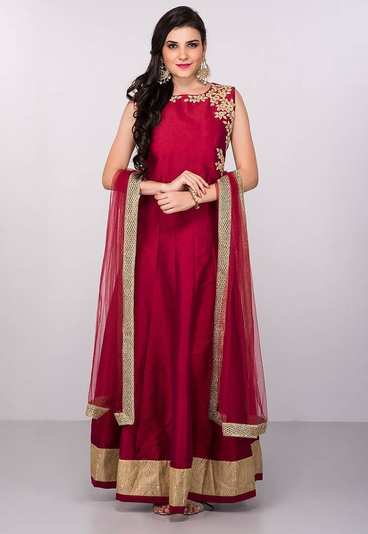 Deep pink silk zari work & lace border anarkali salwar kameez