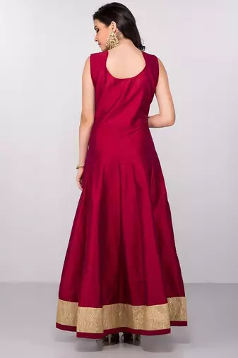 Deep pink silk zari work & lace border anarkali salwar kameez