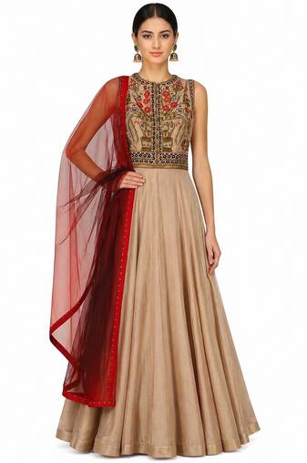 Stone grey dupion silk thread and beads work anarkali salwar kameez