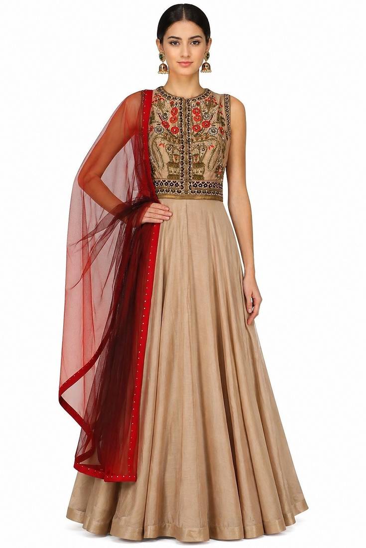 Stone grey dupion silk thread and beads work anarkali salwar kameez