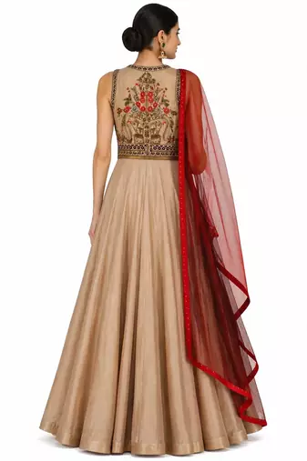 Stone grey dupion silk thread and beads work anarkali salwar kameez