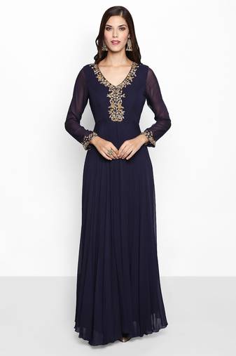 Navy blue georgette seqins dabka hand embroidery anarkali salwar kameez
