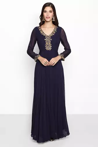 Navy blue georgette seqins dabka hand embroidery anarkali salwar kameez