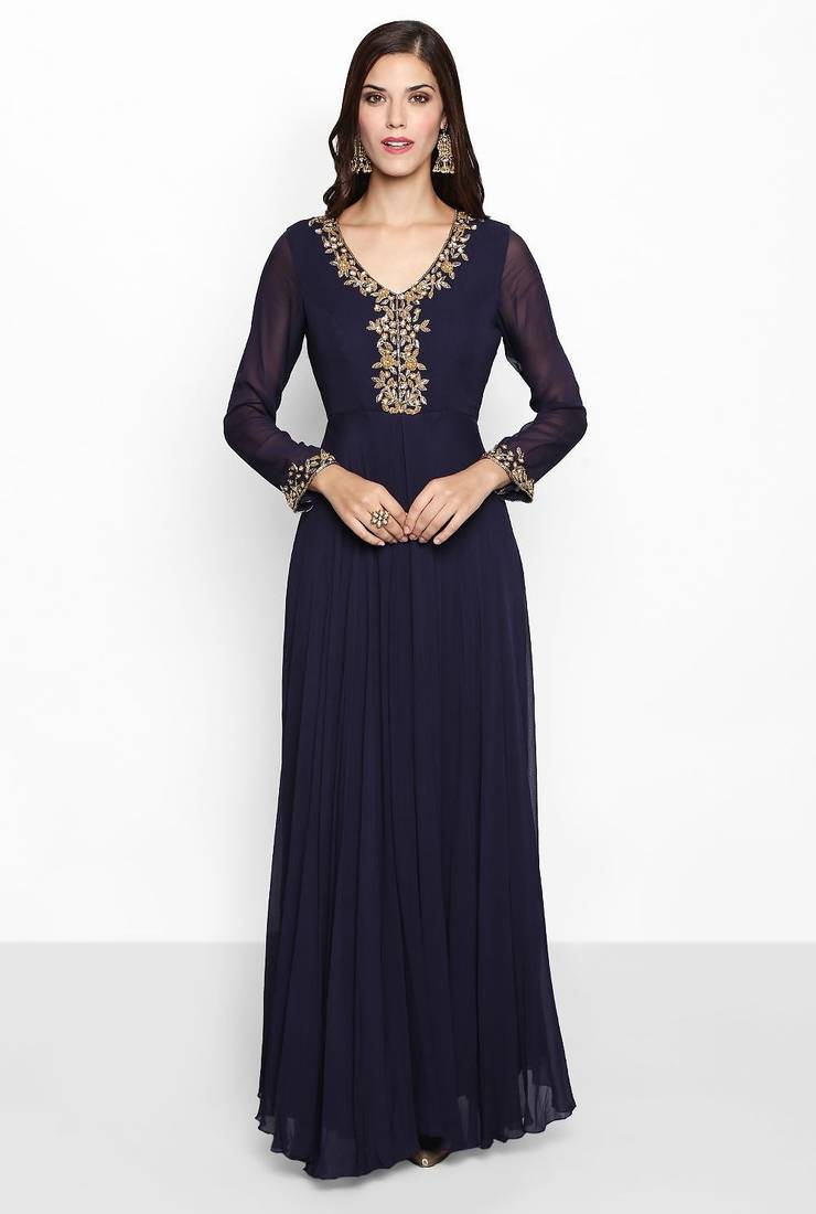 Navy blue georgette seqins dabka hand embroidery anarkali salwar kameez