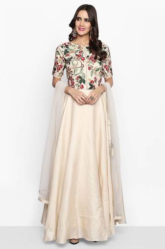 Cream silk thread embroidery anarkali salwar kameez