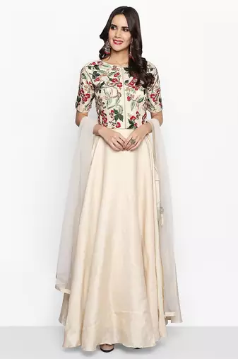 Cream silk thread embroidery anarkali salwar kameez